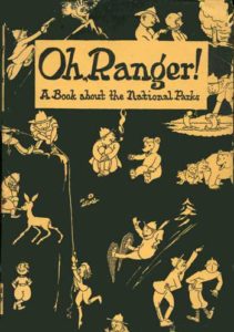 cartoon drawings of park rangers in activities such as snowshowing, talking to bears and deer, fishing, and rescuing a fallen climber