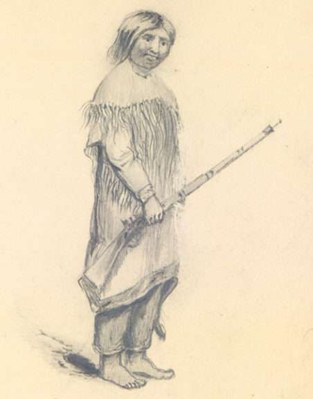 A pencil drawing of a long-haired man wearing buckskin and holding a rifle.