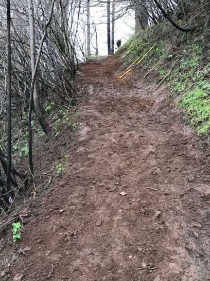 A smooth section of uphill trail, with tools leaning against the upslope.