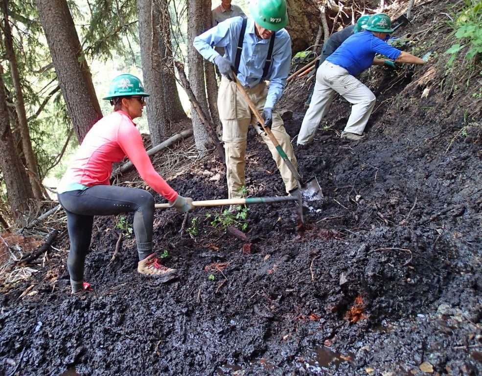 A man and a woman dig into mucky soil on a hillside.
