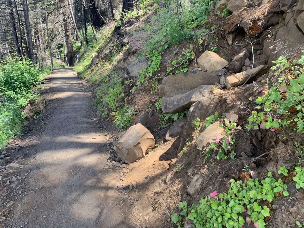Loose rocks on a steep hillside above a paved trail.