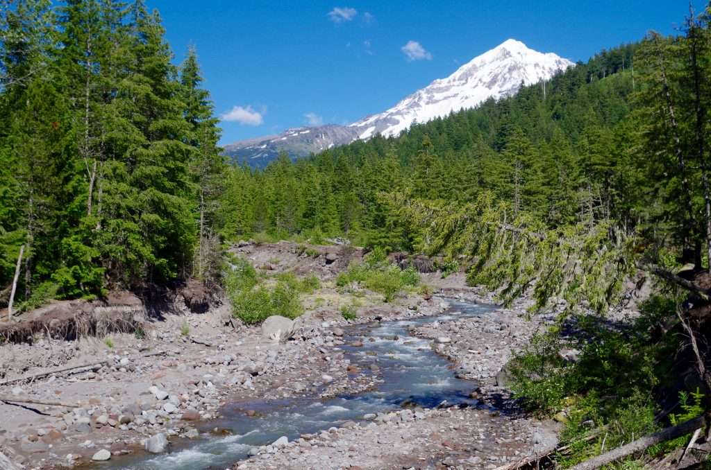 A river running through rocky debris with a snow-capped mountain behind.