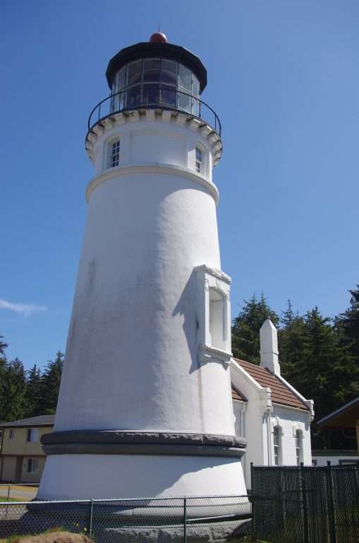 A tall white lighthouse tower.
