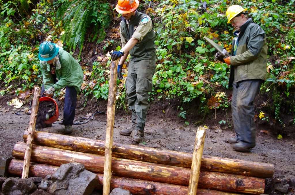 Three trail volunteers in hard hats installing a log retaining wall alongside a trail.