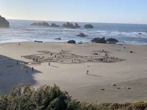 Groups of people walk around swirling circles scraped in a beach by an artist. Craggy rock islands dot the sea offshore.